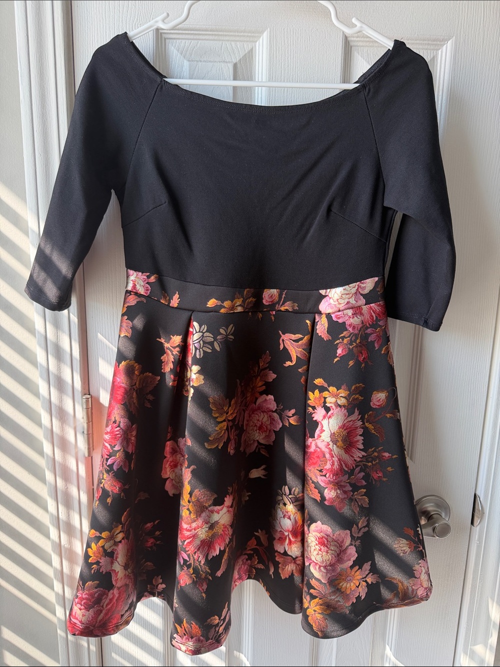 Black Floral Fit & Flare Mini Dress with Pink Rose Print